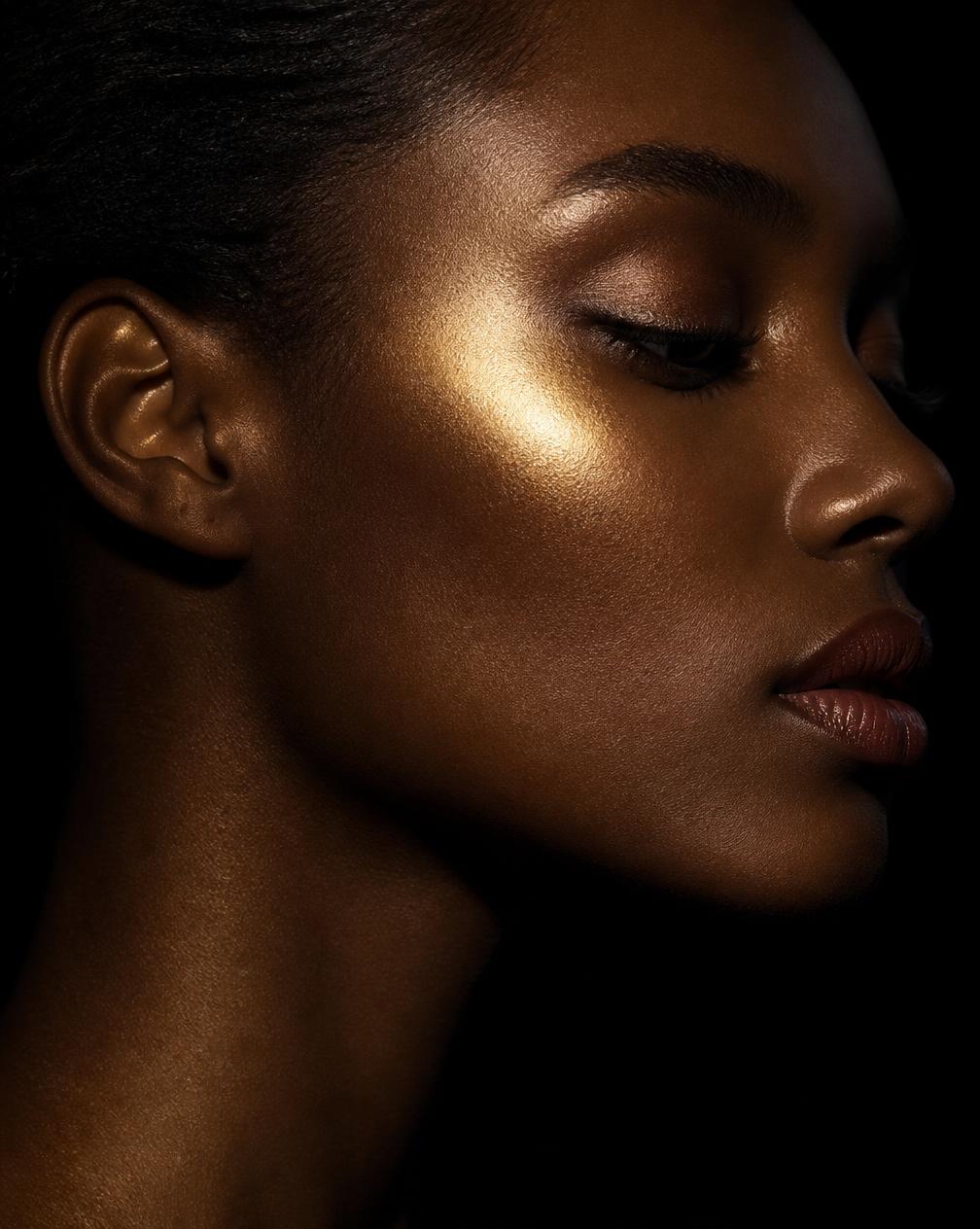 Beauty editorial close-up with gold light on skin
